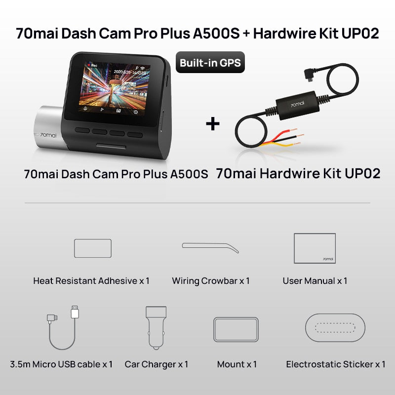 70mai Dash Cam Pro Plus A500S 1944P ADAS GPS Camera 70mai Front Cam A500S 140FOV Car DVR 24H Parking Support Rear Interior Cam