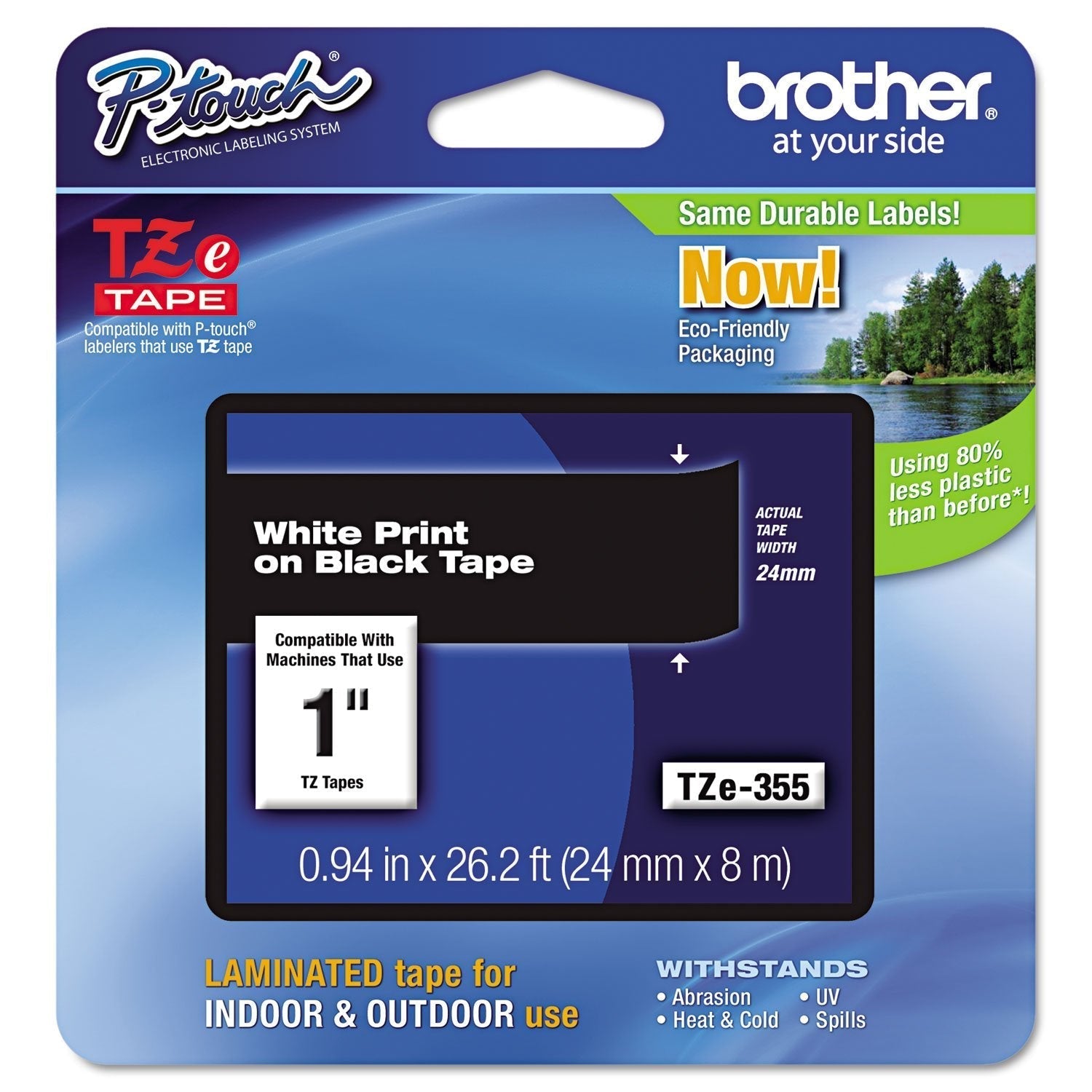New, Pre-owned, Brother P-Touch TZE-355 Tape, 1" (0.94") Wide Standard Laminated Tape, White on Black, 0.94" x 26.2' (24mm x 8M), TZE355