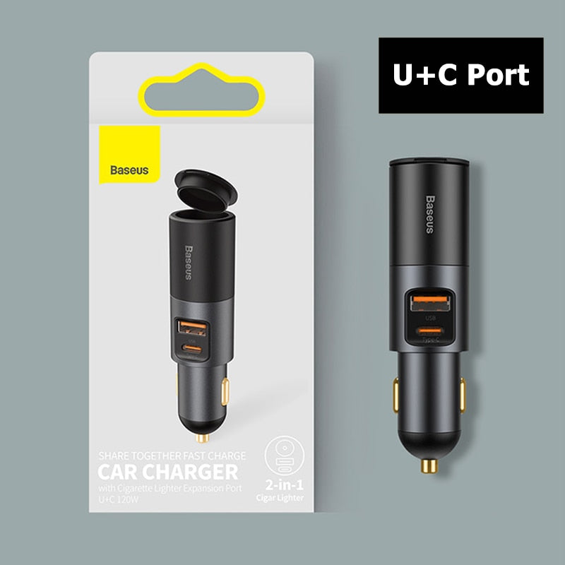 Baseus 120W Car Splitter QC4.0 3.0 PD PPS Cigarette Lighter Socket Dual USB Type C Fast Car Charger Adapter For iPhone Xiaomi