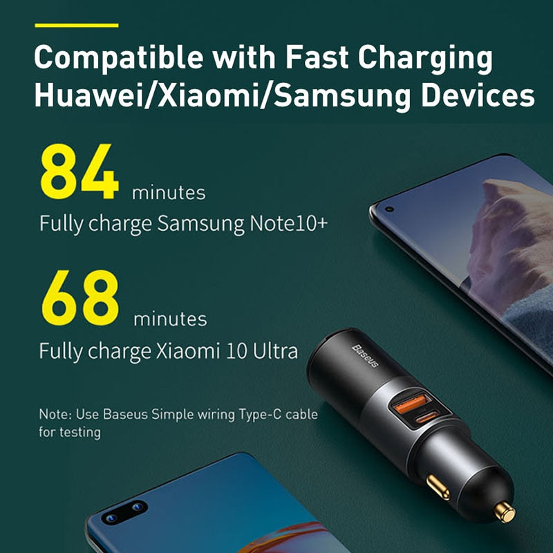 Baseus 120W Car Splitter QC4.0 3.0 PD PPS Cigarette Lighter Socket Dual USB Type C Fast Car Charger Adapter For iPhone Xiaomi