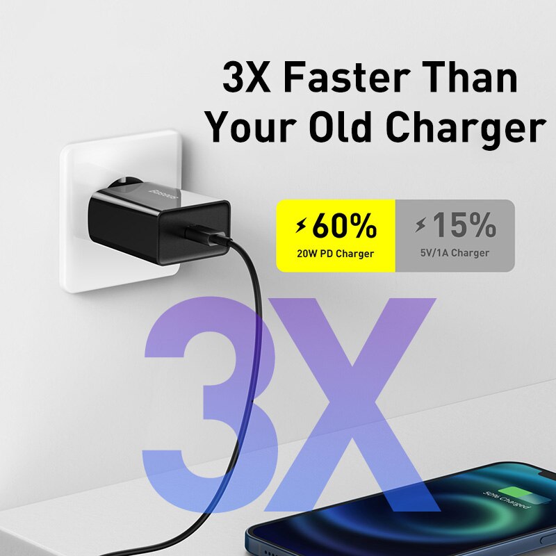 Baseus 20W Quick Charge QC 3.0 PD USB C Fast Charger Type C for iPhone 14 13 12 X Xs 8 Xiaomi Samsung Phone Tablet