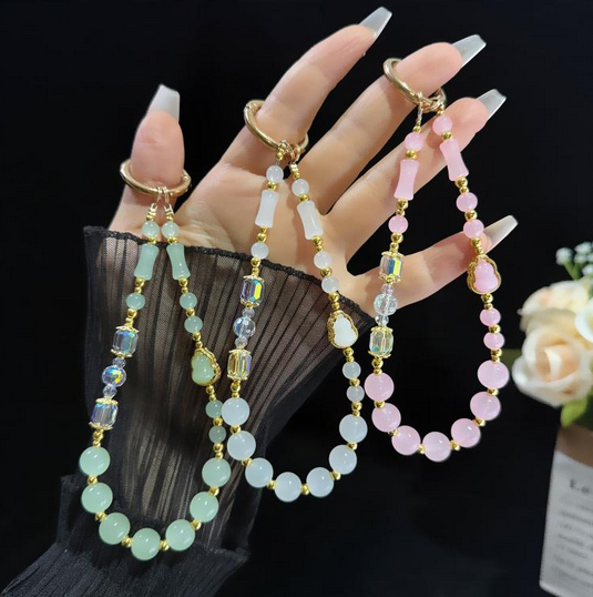 Elegant Gourd Bamboo Jade Beaded Phone Chain(Pink)