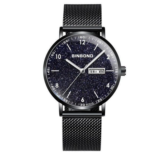 BINBOND B3820 Men Simple Luminous Quartz Watch Student Trendstarry Starry Sky Pattern Watch(Black Mash Black Shell White Nails)